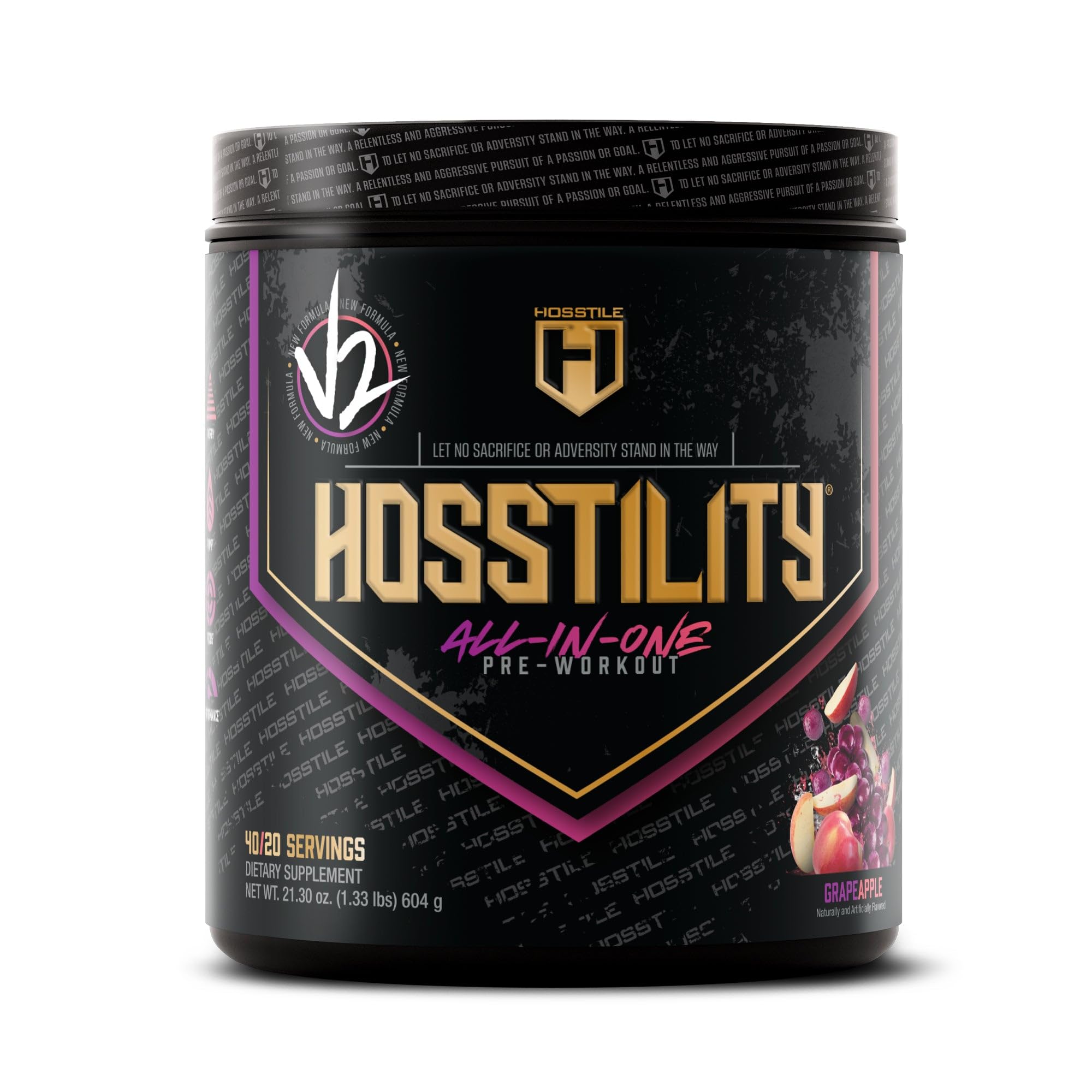 HOSSTILITY V2 tub front label highlights all-in-one pre-workout for pumps.