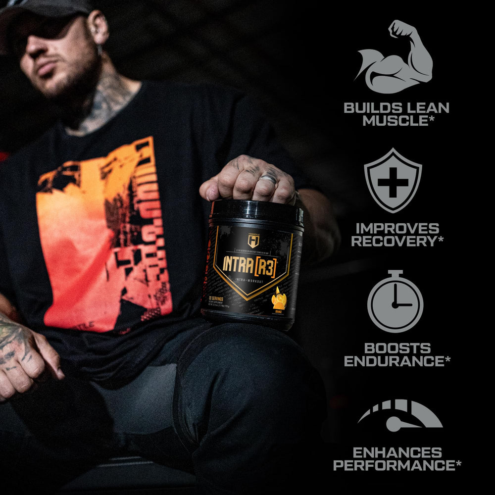 HOSSTILE intria3 orange-powder-visual showcases flavor and hydration support during workouts.