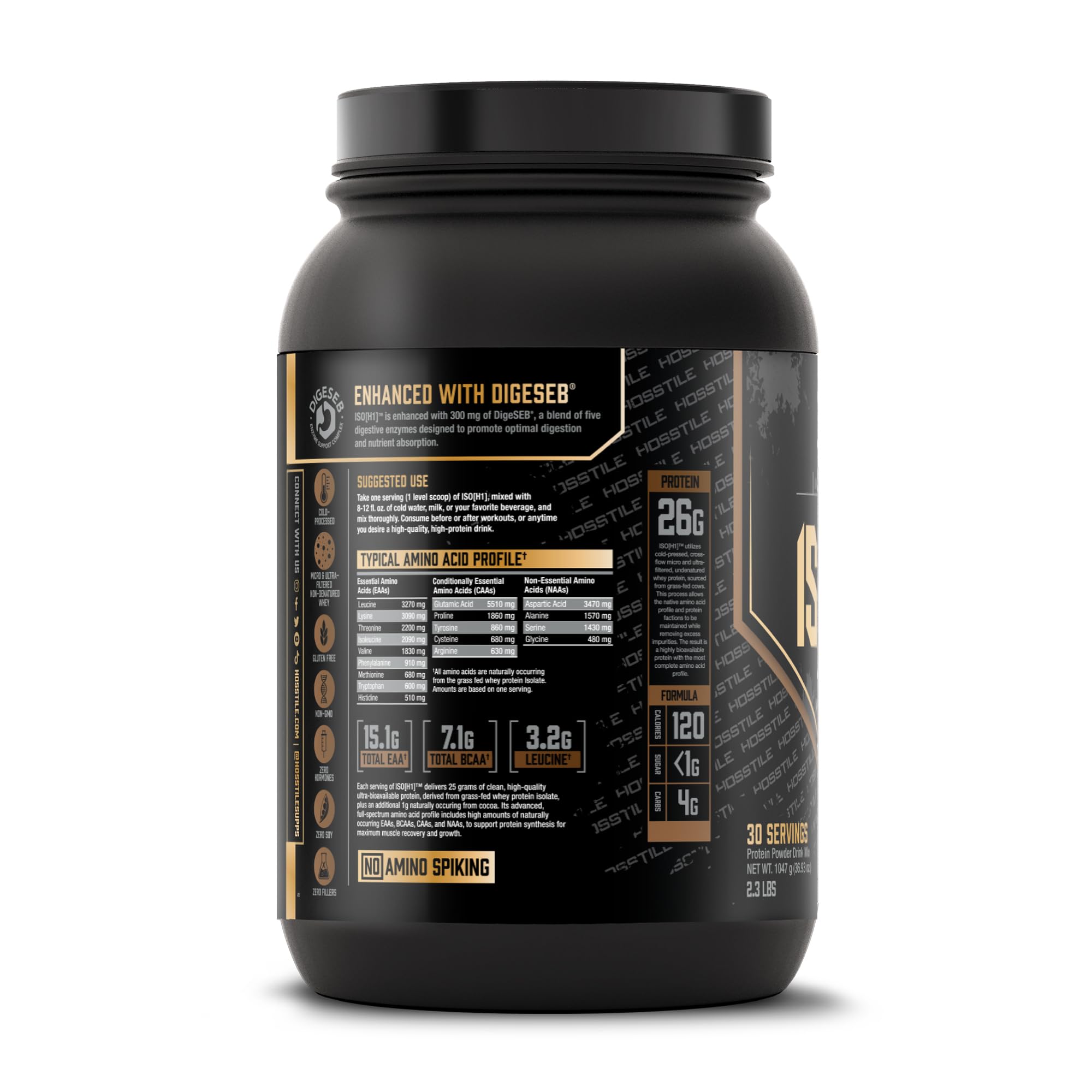 HOSSTILE ISO digestive enzymes label spotlights enhanced protein digestion and absorption.