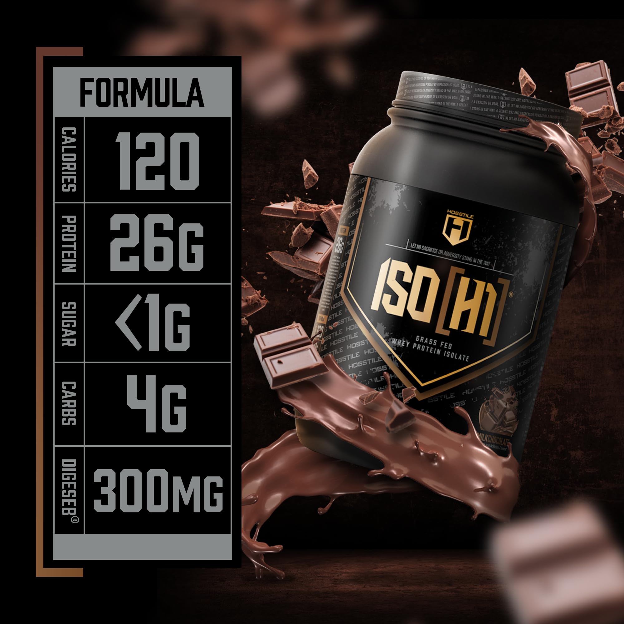 HOSSTILE ISO whey scoop highlights fast-absorbing protein for post-workout fueling.