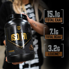 HOSSTILE ISO whey shake glass reveals creamy milk chocolate flavor and quick recovery support.