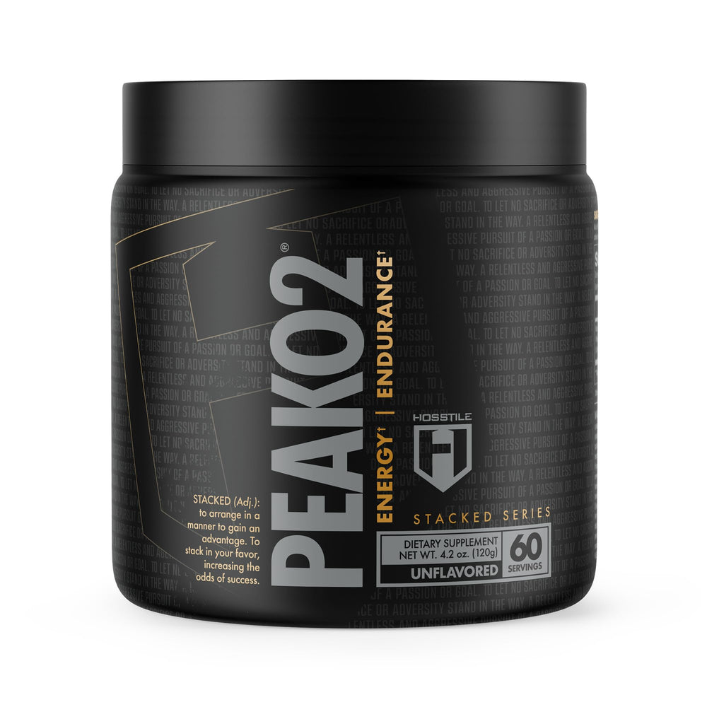 Hosstile PeakO2 organic mushroom blend bottle highlights endurance-boosting pre-workout support.