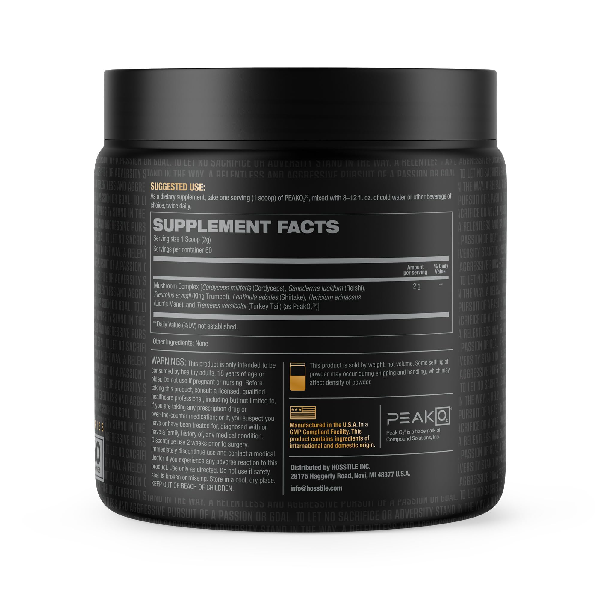 Hosstile PeakO2 packaging showcases six organic mushrooms for premium quality.