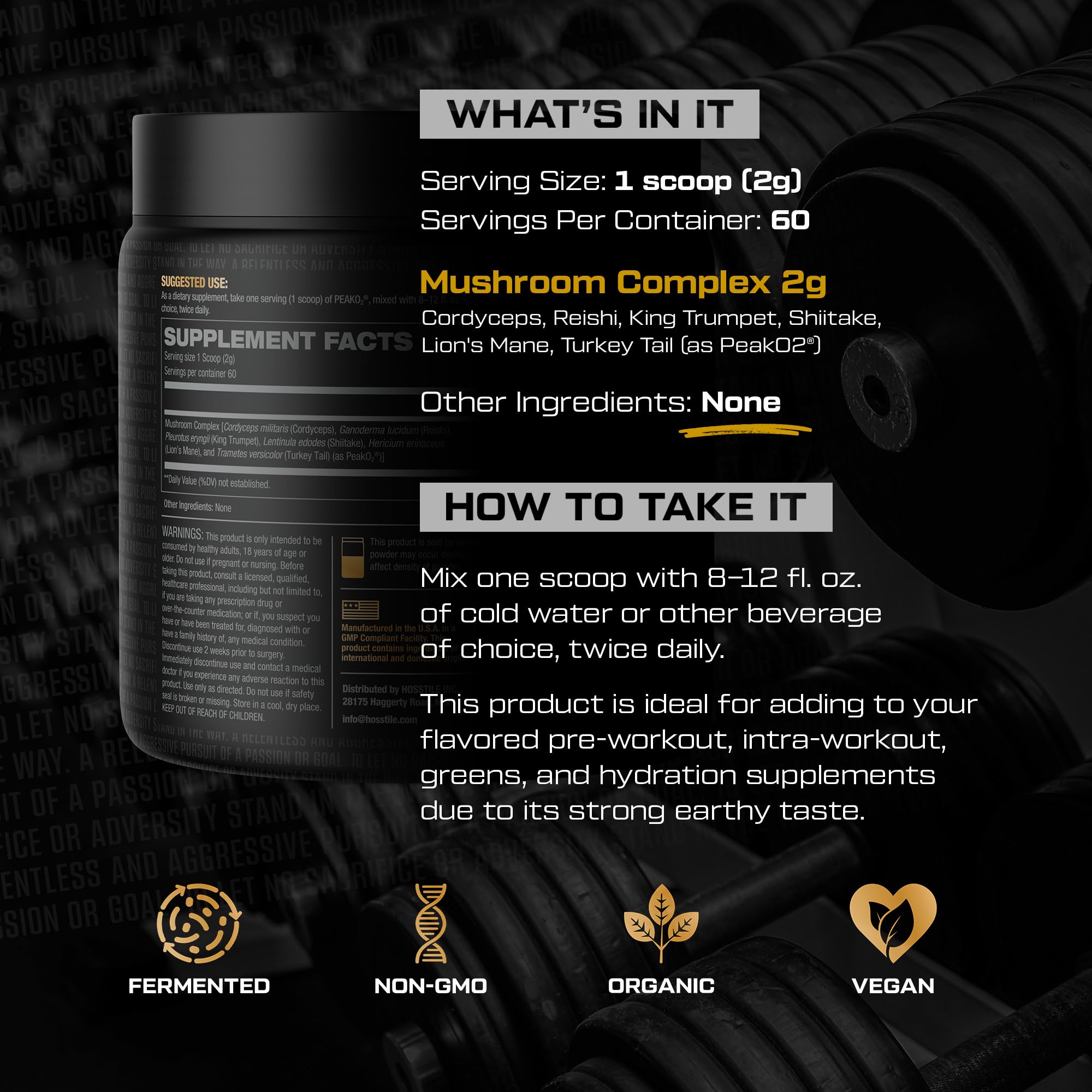 Hosstile PeakO2 powder scoop poured into water suggests improved work capacity during training.