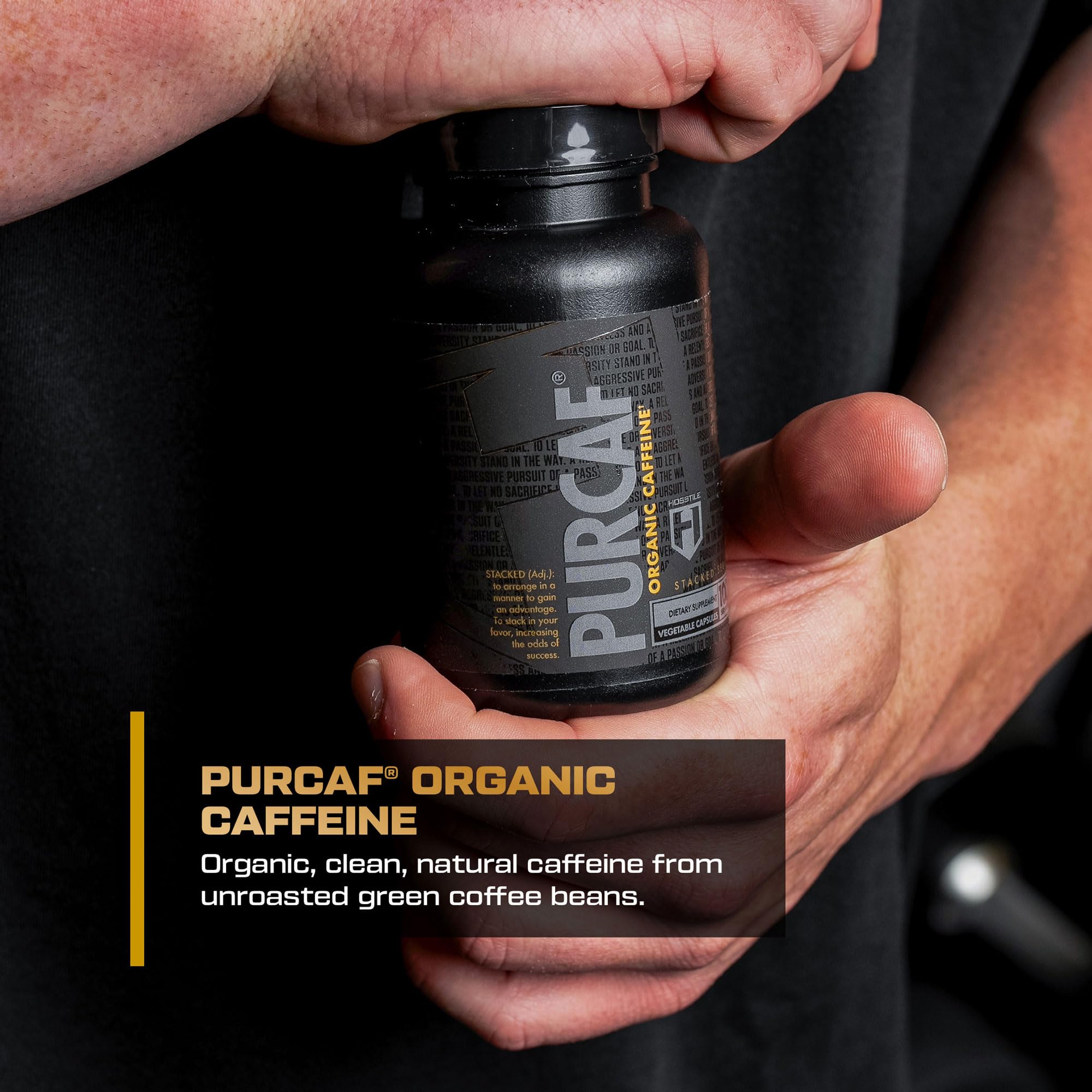 Close-up of PurCaf capsules highlighting 200 mg caffeine dose