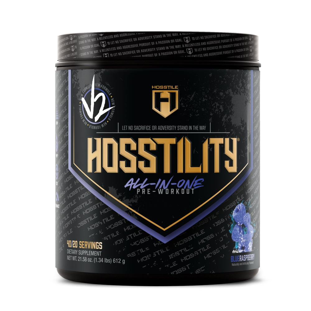 Hosstility V2 pre-workout tub label showcases branding and product overview for pumps.