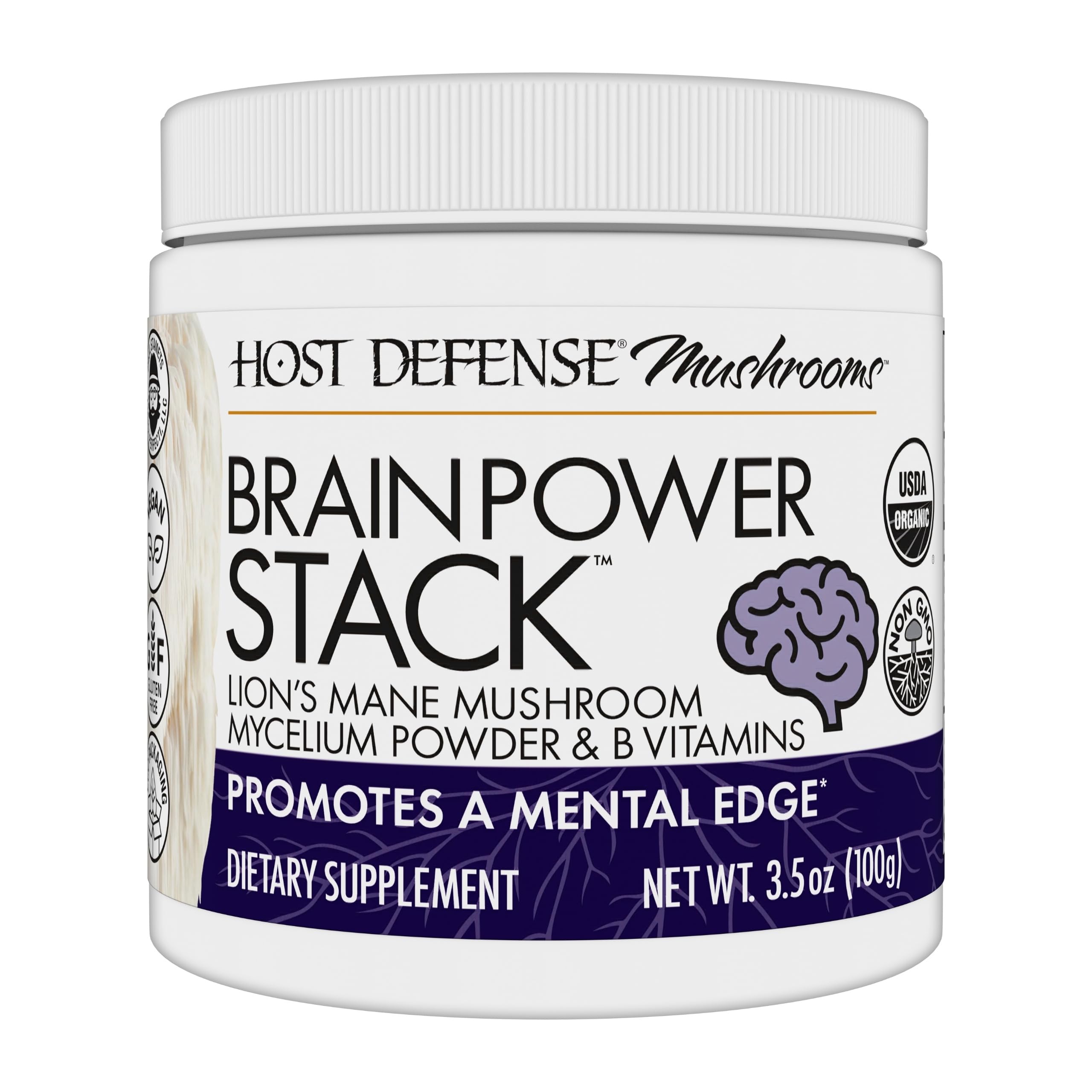 Front view of Host Defense BrainPower Stack Powder 100g