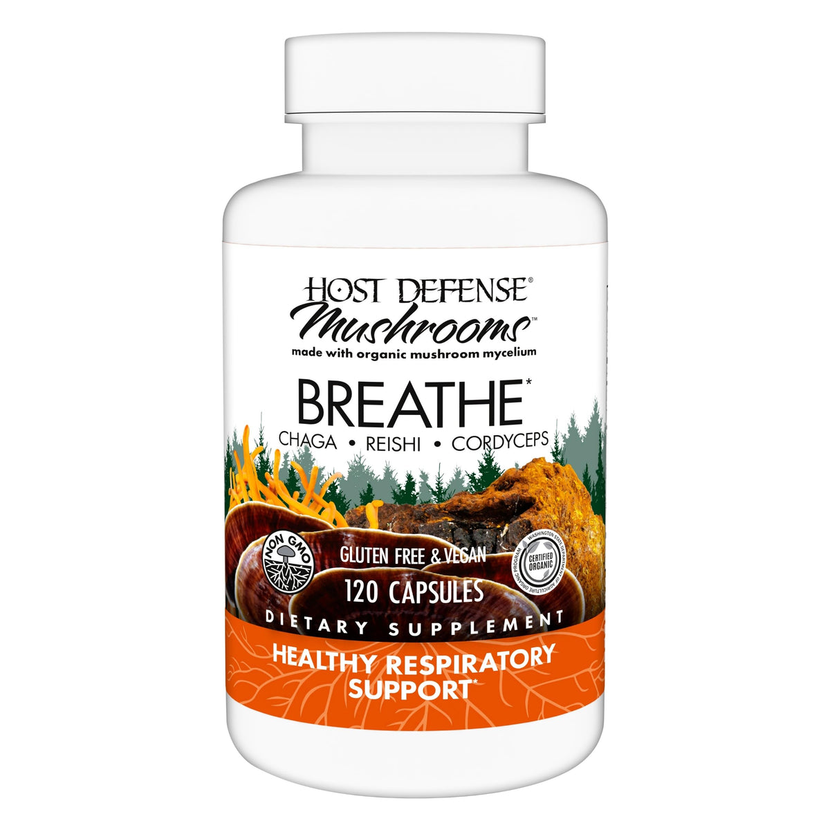 Bottle of Host Defense Breathe capsules on white background