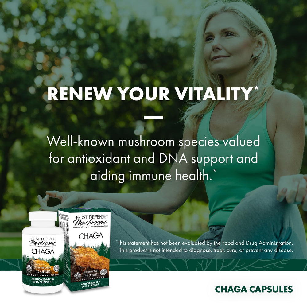 Close-up of ingredients on Host Defense Chaga Capsules label