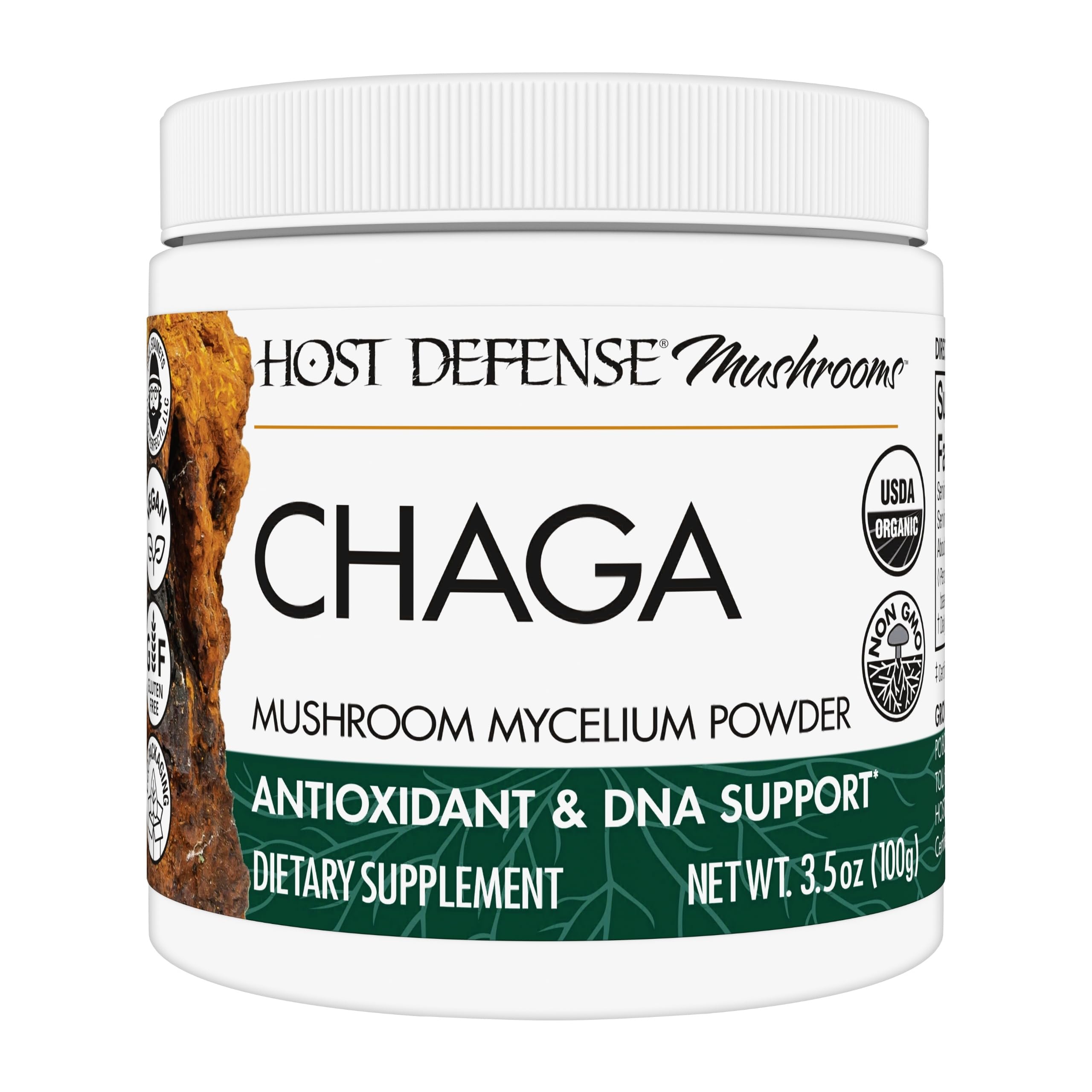 Front view of Host Defense Chaga Powder container