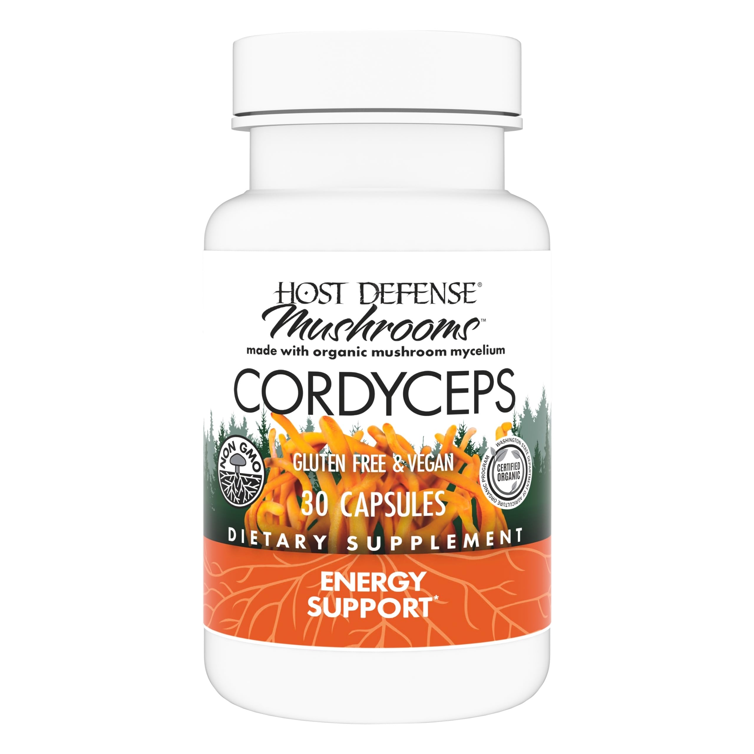 Bottle of Host Defense Cordyceps Capsules with label