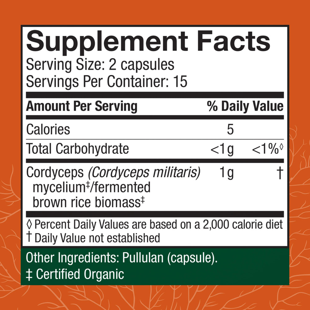 Close-up of Host Defense branding on the Cordyceps bottle