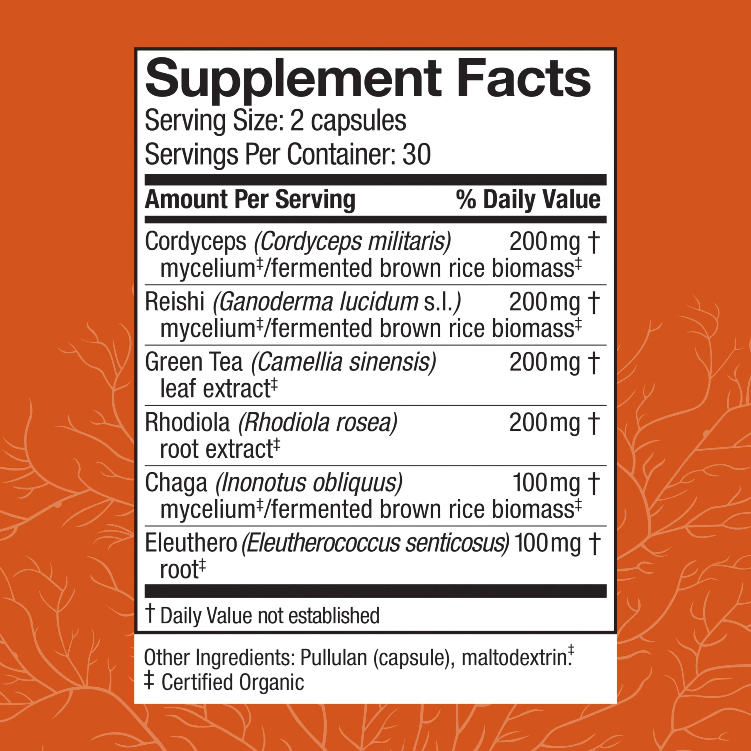 Energy and respiratory support capsules with Cordyceps, Reishi, and Chaga