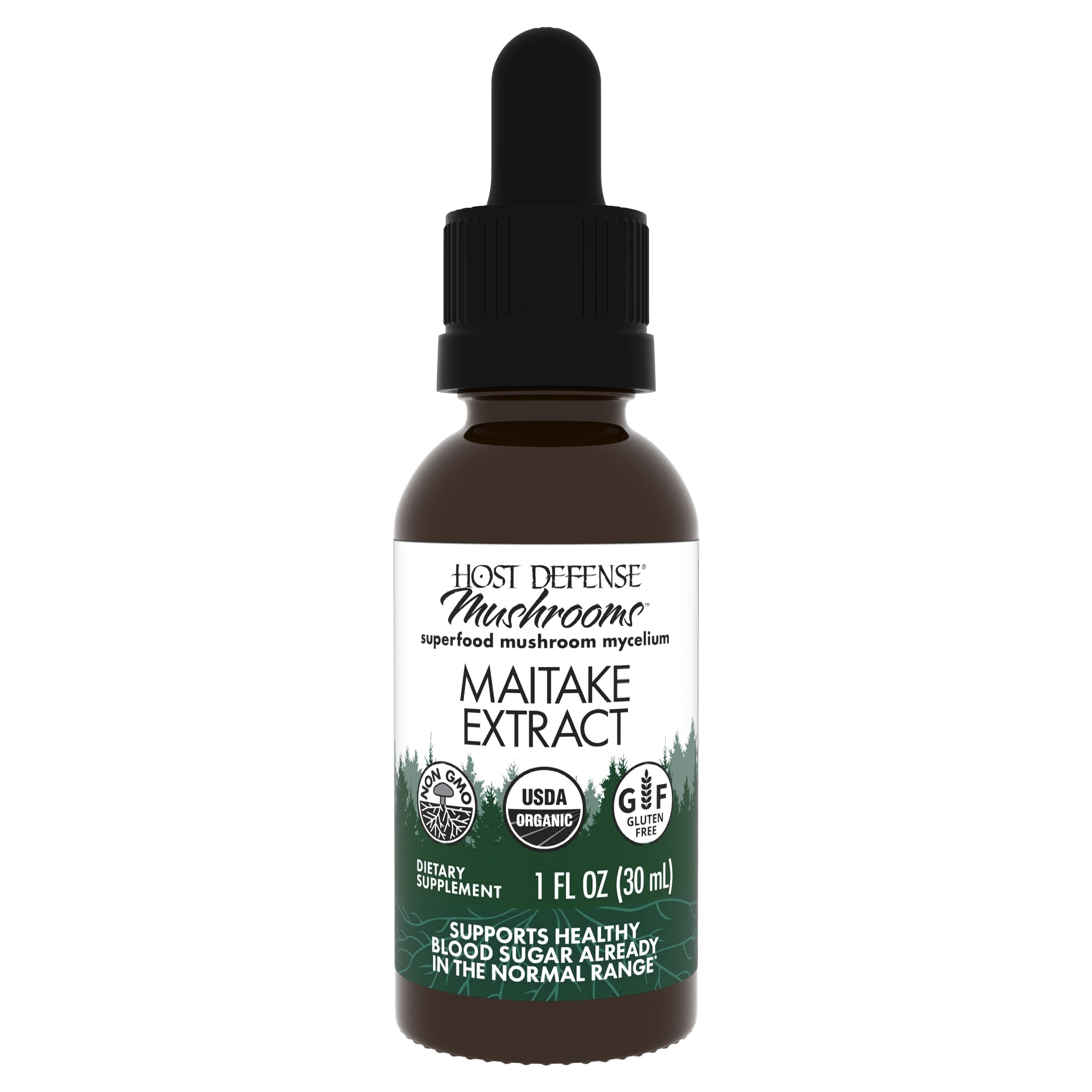 Front view of Host Defense Maitake Extract 1 oz bottle