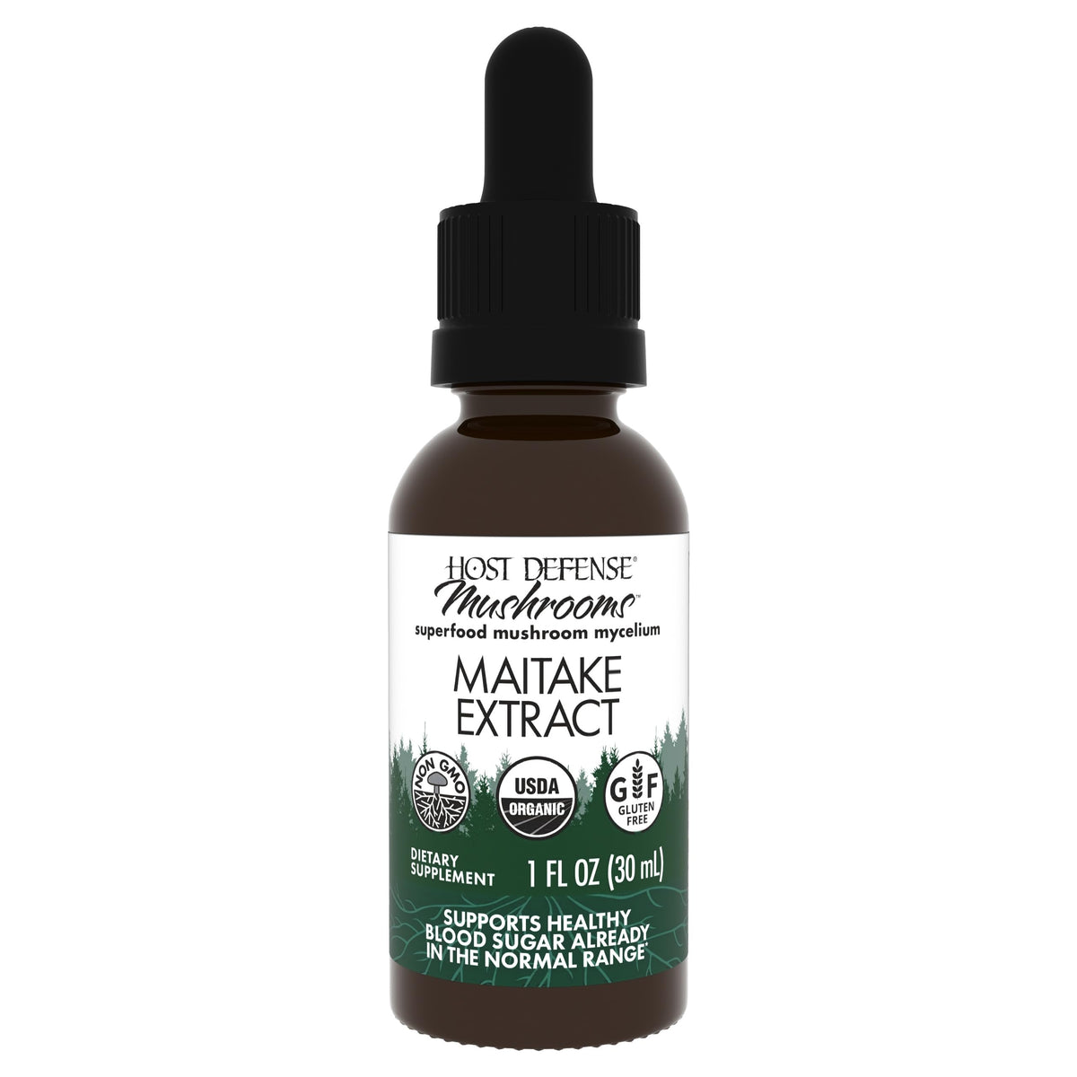 Front view of Host Defense Maitake Extract 1 oz bottle