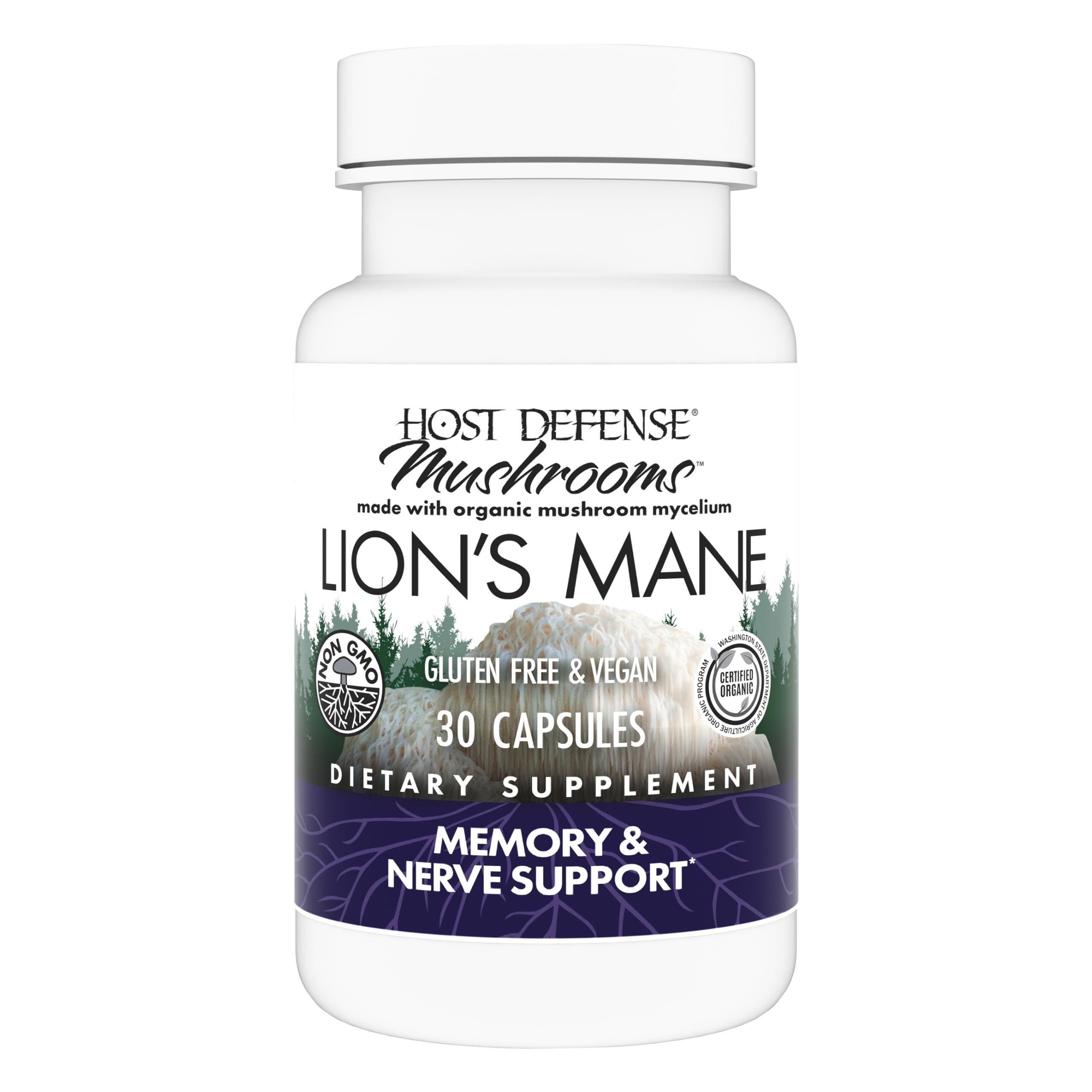 Bottle of Host Defense Mushrooms Lion's Mane brain health capsules with label