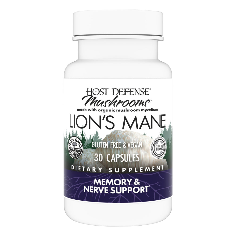 Bottle of Host Defense Mushrooms Lion's Mane brain health capsules with label