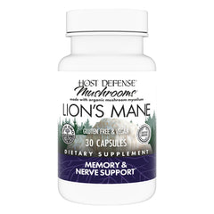 Bottle of Host Defense Mushrooms Lion's Mane brain health capsules with label