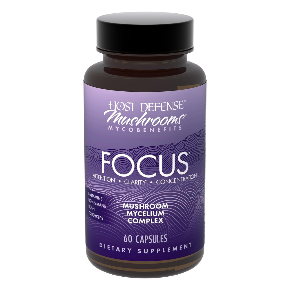 Bottle of Host Defense MycoBenefits Focus Capsules with label