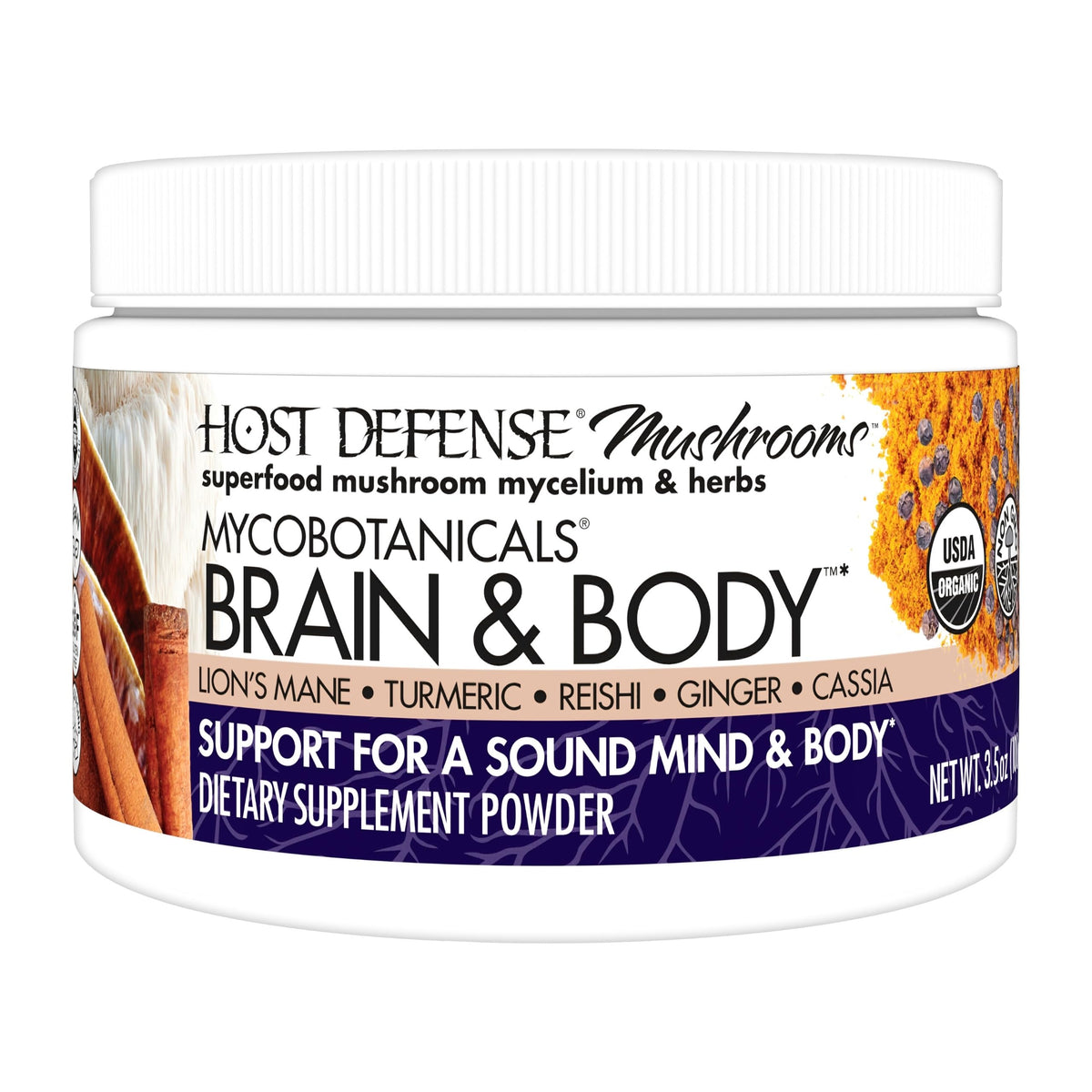 Host Defense MycoBotanicals Brain & Body Powder bottle and label