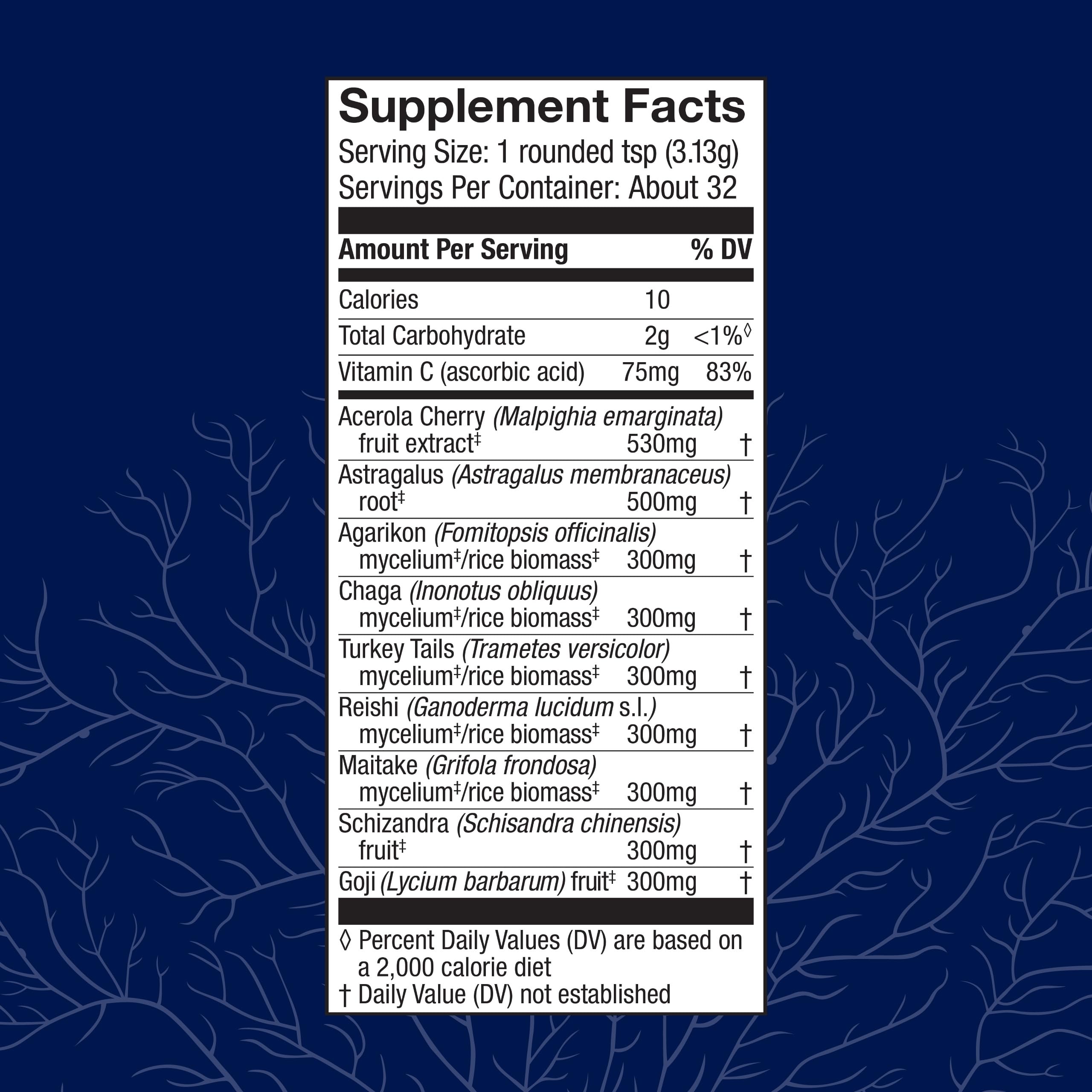 Back label with supplement facts for Host Defense Immune Powder.