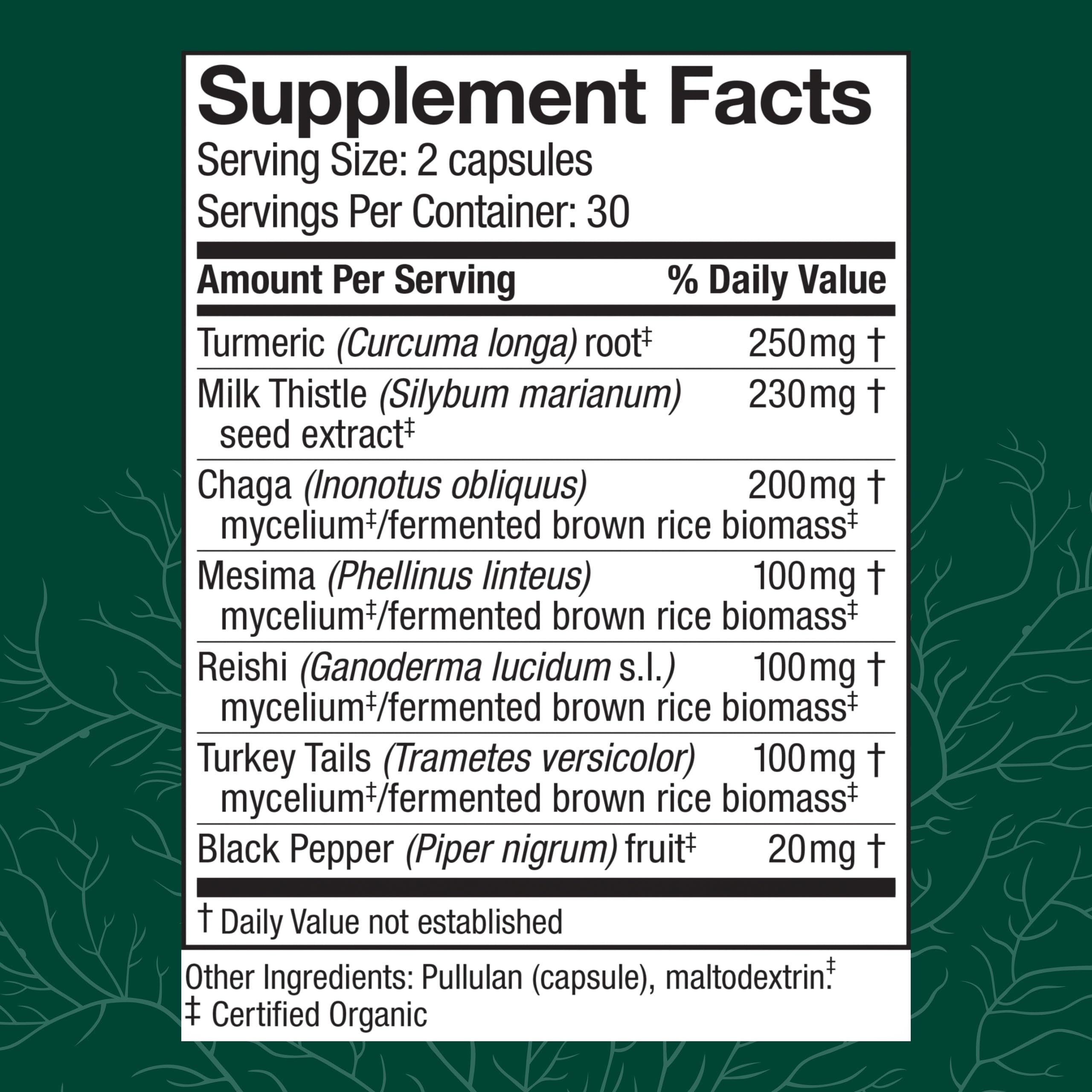 Close-up of label reading Liver Capsules with Reishi and Chaga