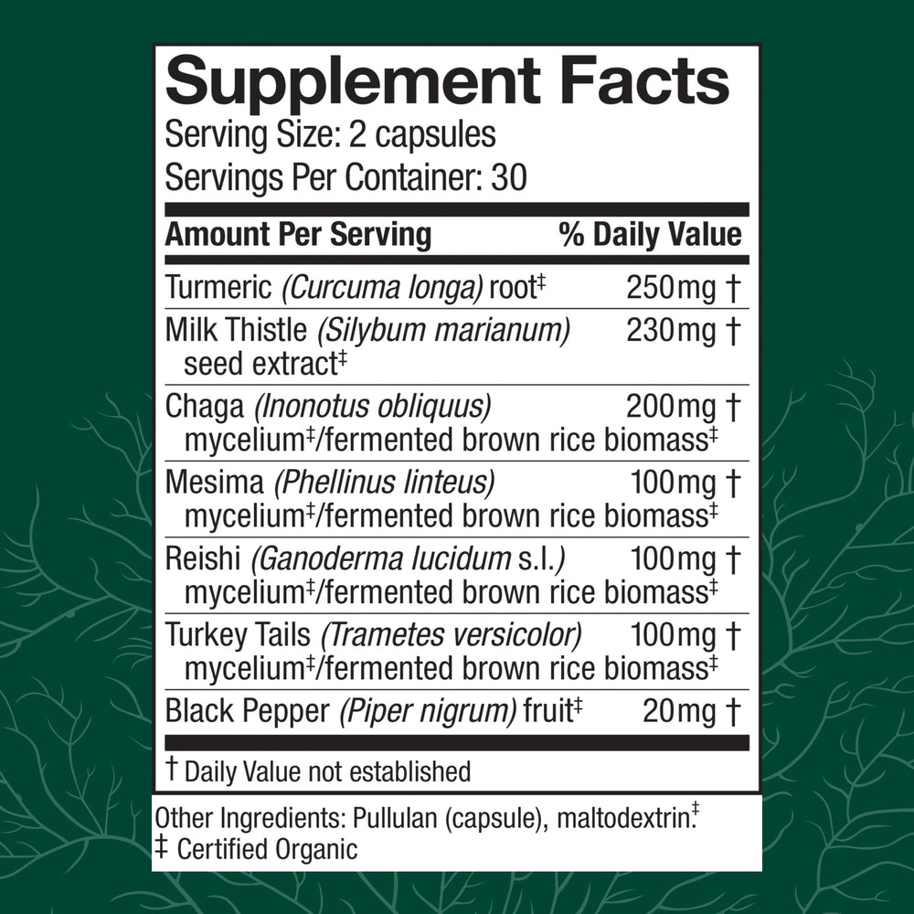 Close-up of label reading Liver Capsules with Reishi and Chaga