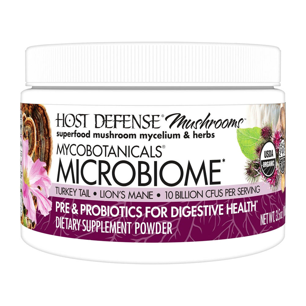 Front view of the Host Defense MycoBotanicals Microbiome Powder 3.5 oz container