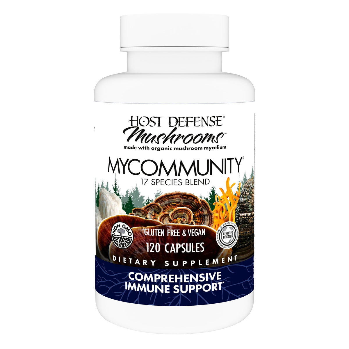 Front view of Host Defense MyCommunity Capsules bottle with 120 capsules