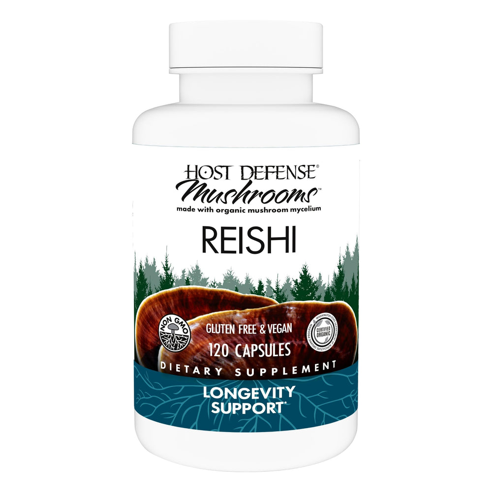 Host Defense Reishi Capsules bottle label showing 120 capsules
