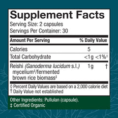 Packaging and ingredient panel for Host Defense Reishi Capsules