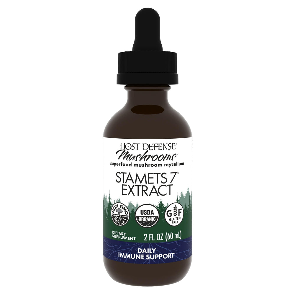 Bottle of Host Defense Stamets 7 Extract showing 7-species mushroom blend for immune support