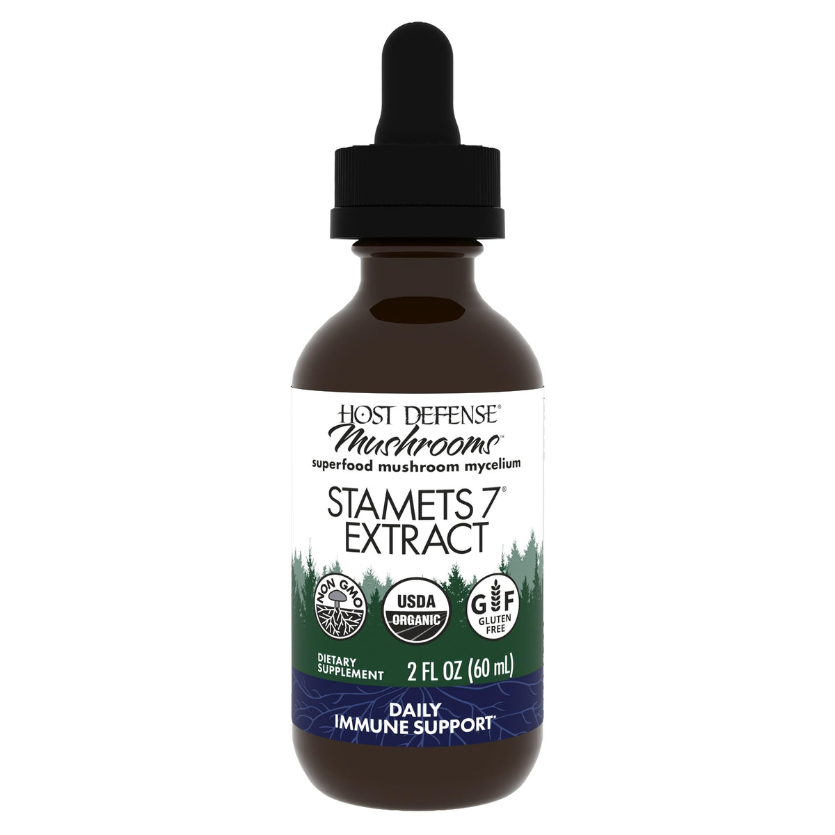 Bottle of Host Defense Stamets 7 Extract showing 7-species mushroom blend for immune support