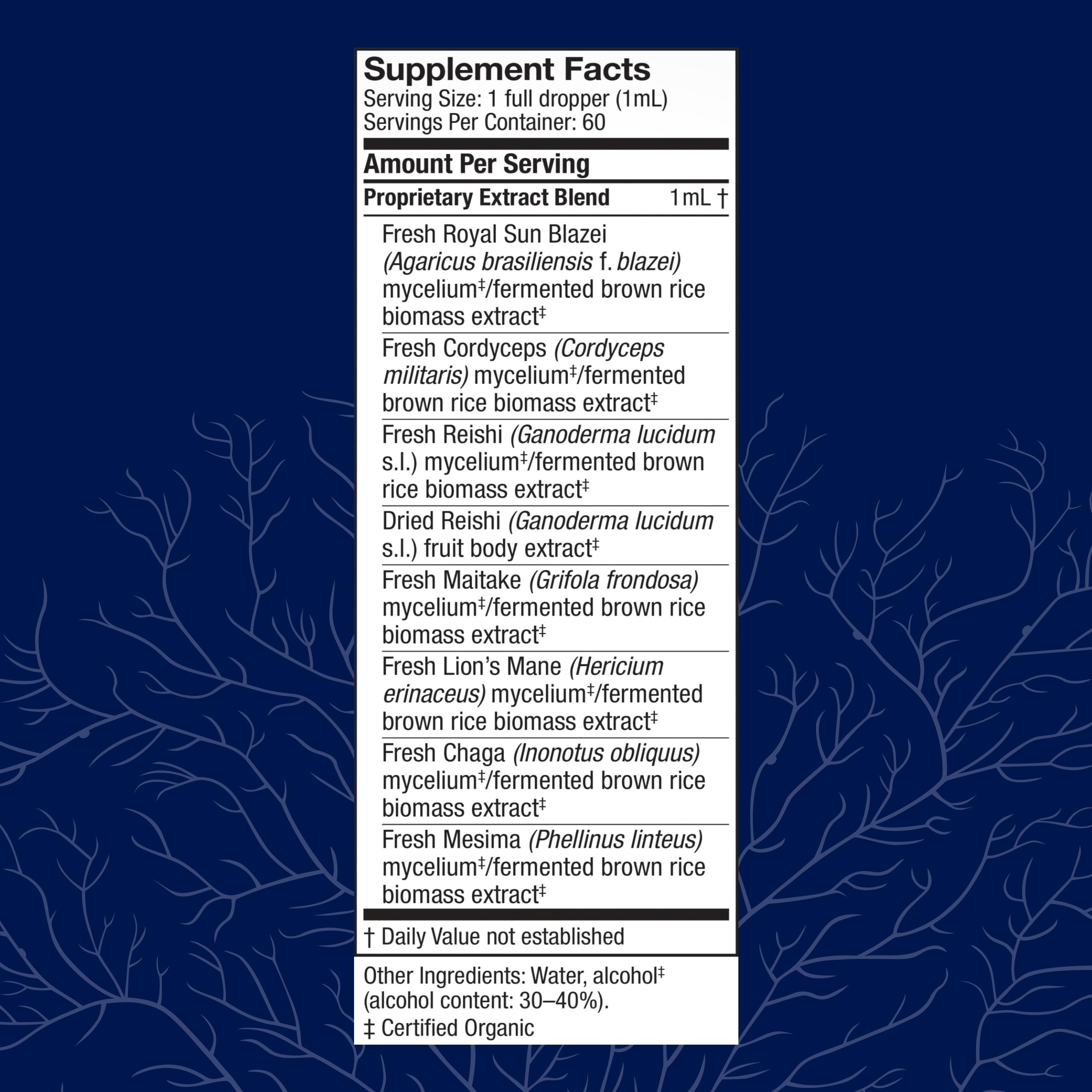 Close-up of Stamets 7 Extract bottle label with Lion's Mane, Reishi, Chaga and other mushrooms