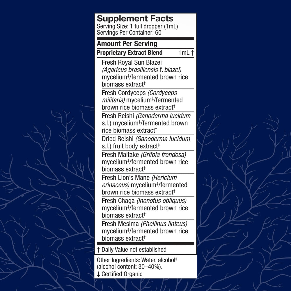 Close-up of Stamets 7 Extract bottle label with Lion's Mane, Reishi, Chaga and other mushrooms