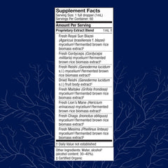 Close-up of Stamets 7 Extract bottle label with Lion's Mane, Reishi, Chaga and other mushrooms