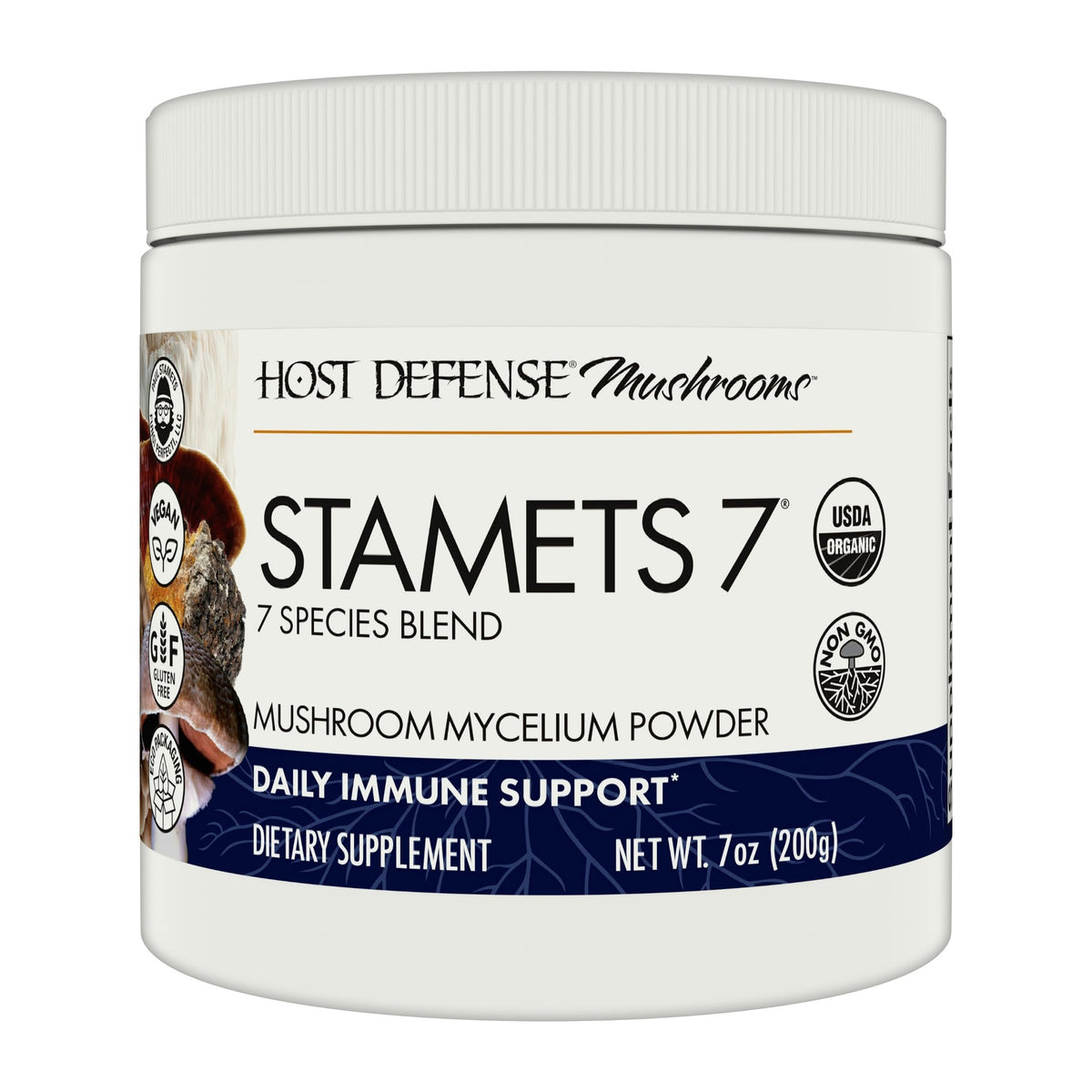 Front view of Host Defense Stamets 7 Mushroom Powder bottle