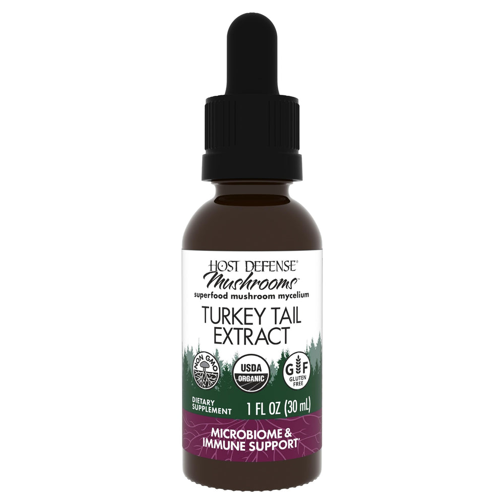 Front view of Host Defense Turkey Tail Extract 1 oz bottle