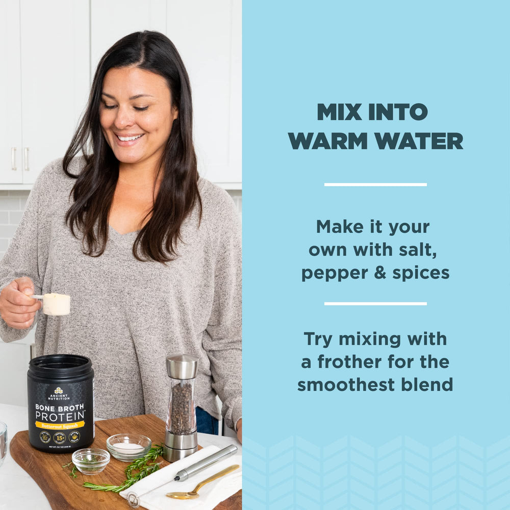 Hot water being mixed with bone broth protein powder