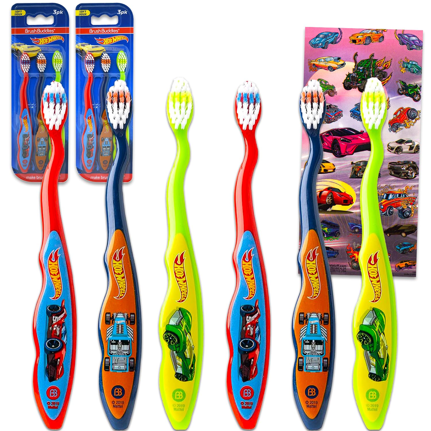 Hot Wheels toothbrush kit featuring six race car toothbrushes in red, blue, and green