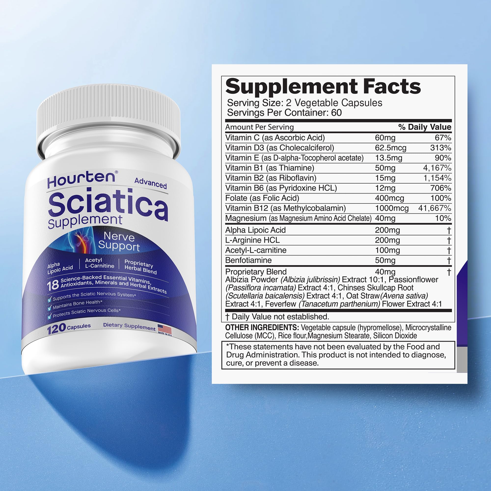 Close-up of Hourten sciatic nerve support capsules