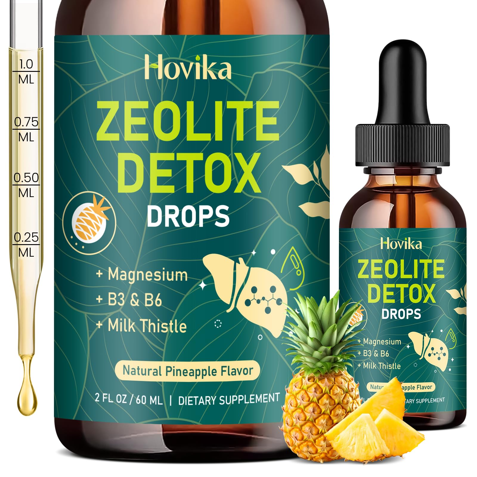 Hovika Zeolite Detox drops pineapple bottle highlighting refreshing flavor and daily energy support