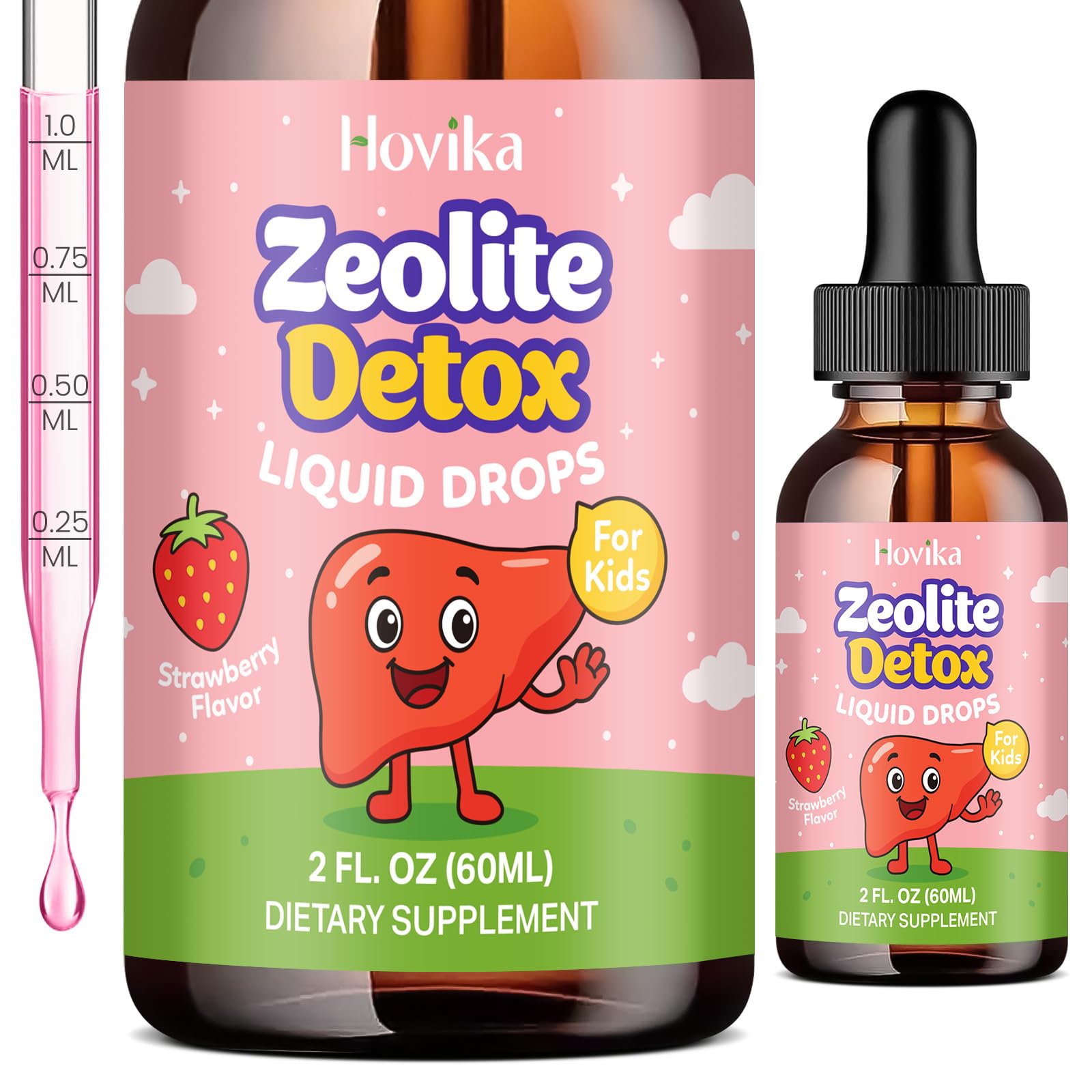 Hovika Zeolite Detox for Kids bottle close-up showing kid-friendly daily detox support