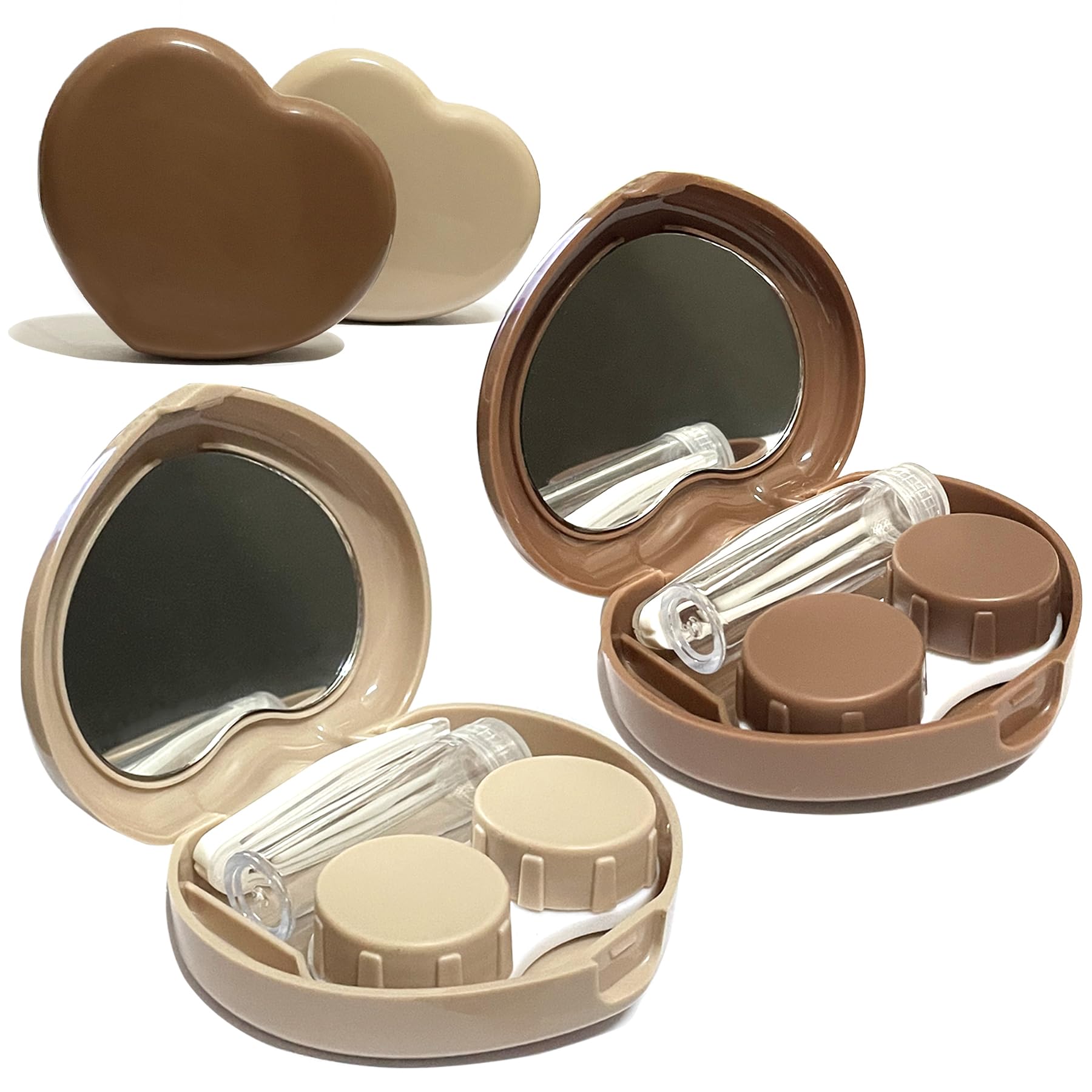 Howinn 2 Pack Heart Cute contact lens case in beige and light brown