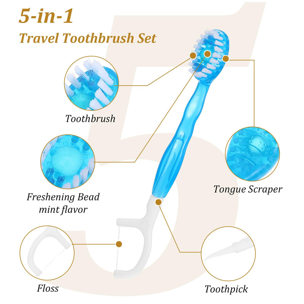 Compact blue mini toothbrush on the go with toothpaste and accessories