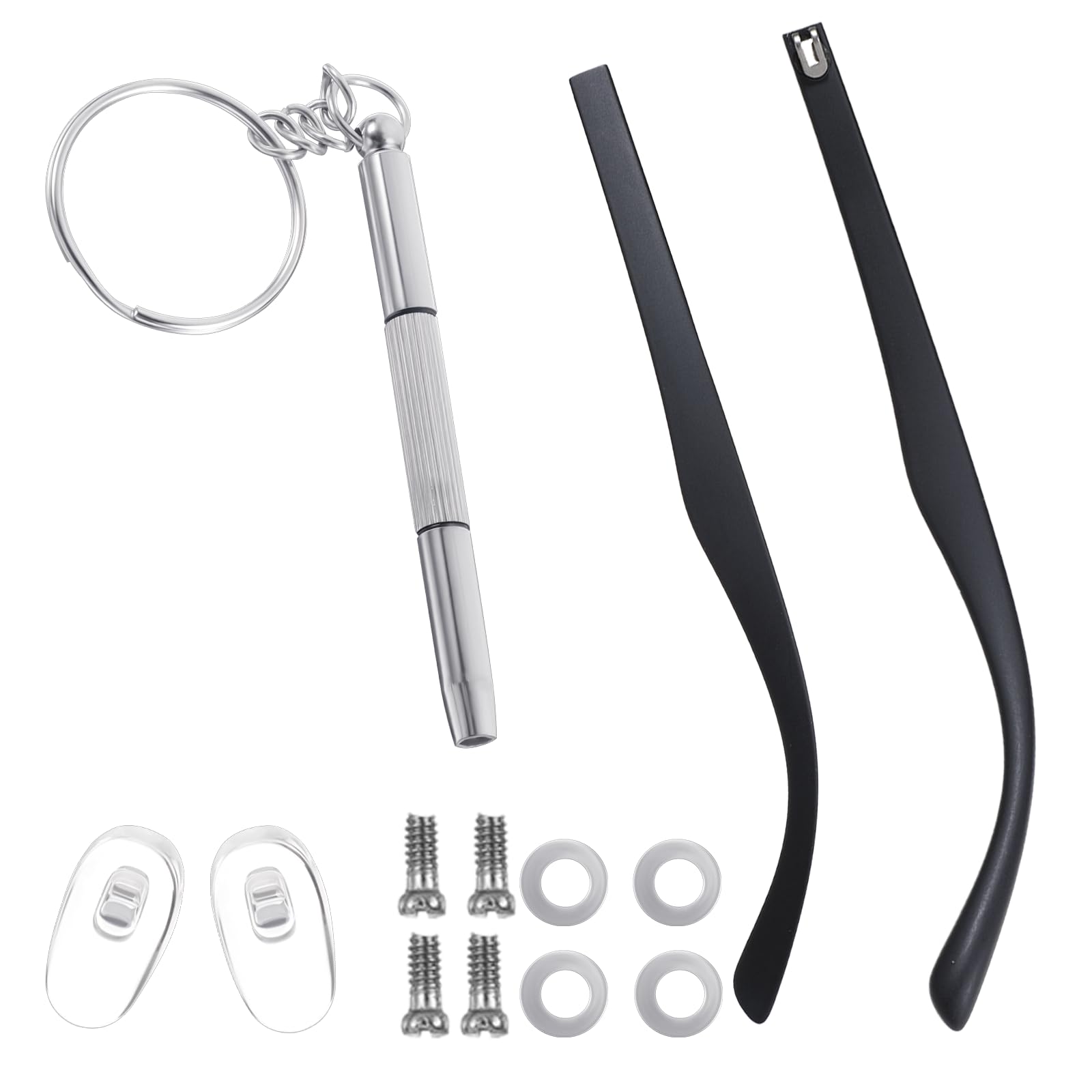 Package contents: 2 glasses legs, 4 screws, 2 nose pads, screwdriver, 4 washers