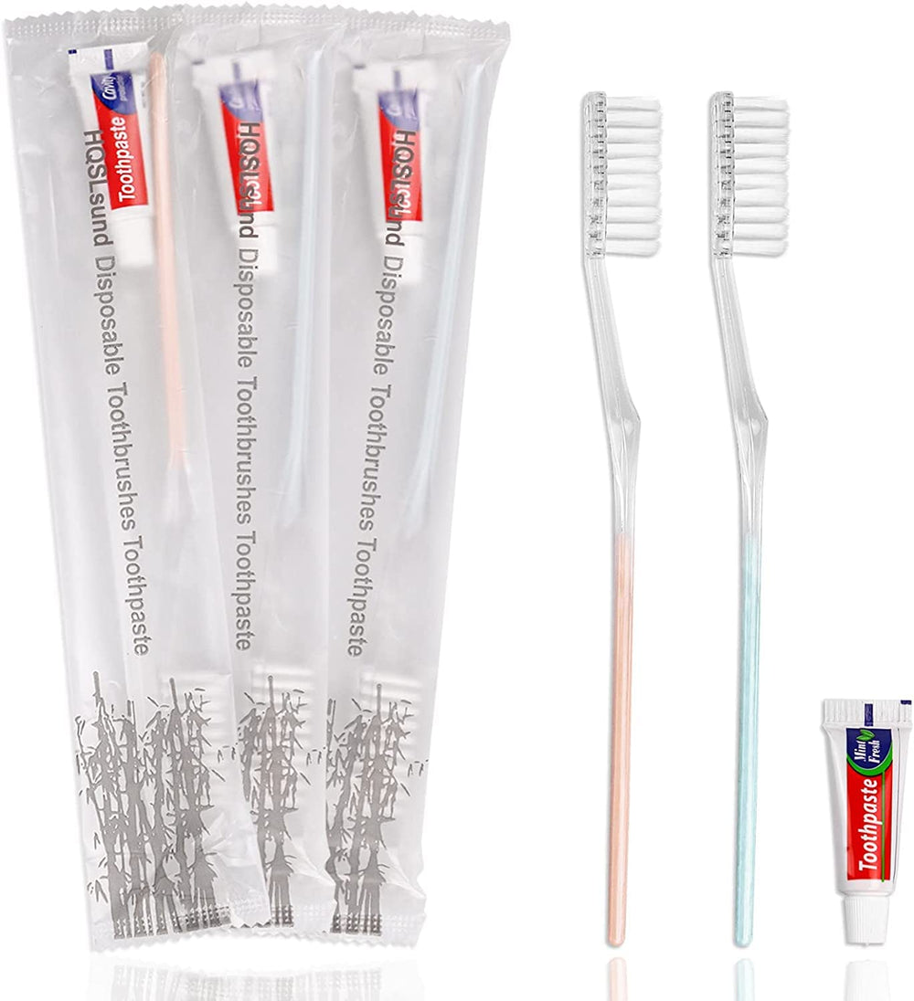 Close-up of travel toothbrushes with toothpaste bundle