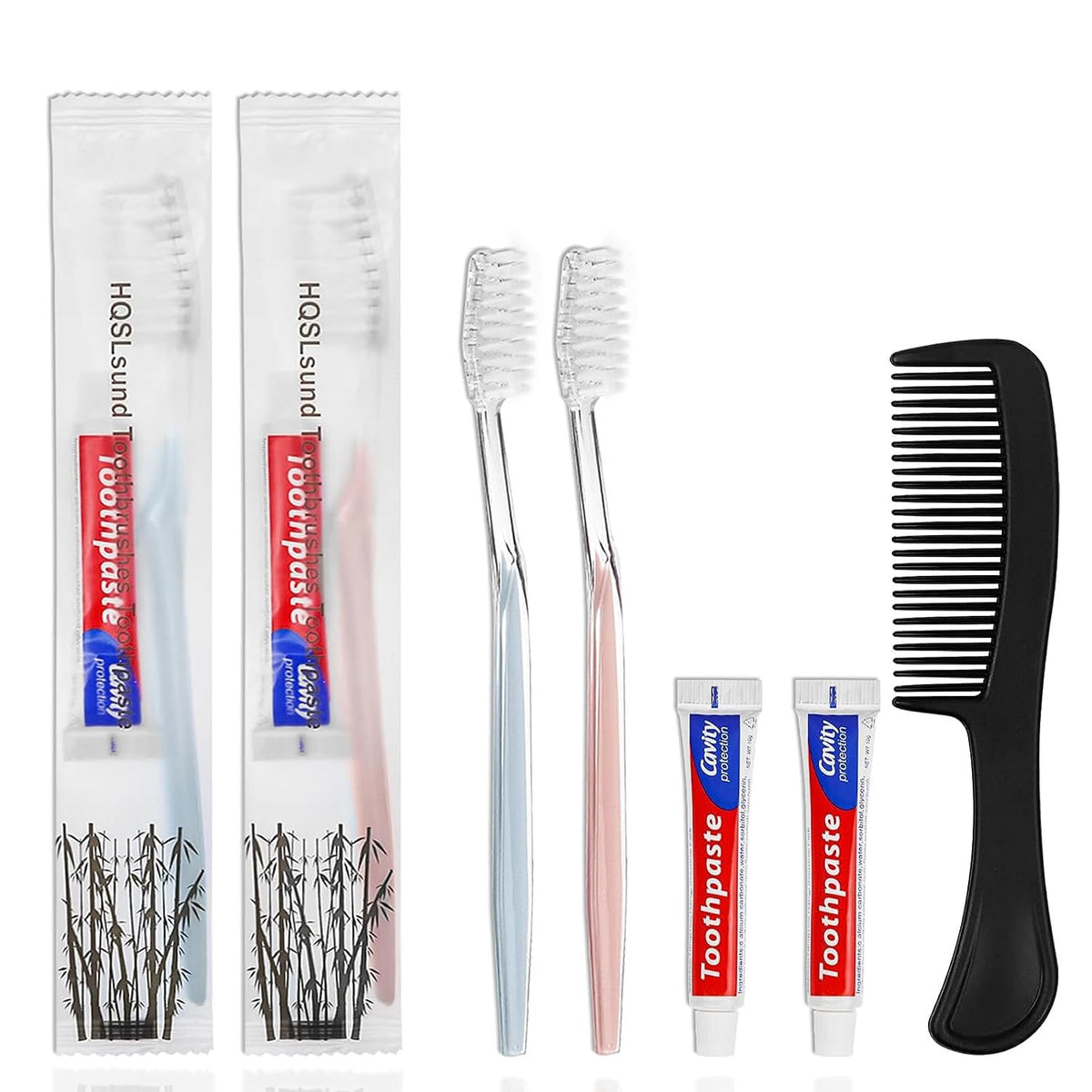 HQSLsund 100 pack combs in bulk bundle with 100 disposable toothbrushes – front view