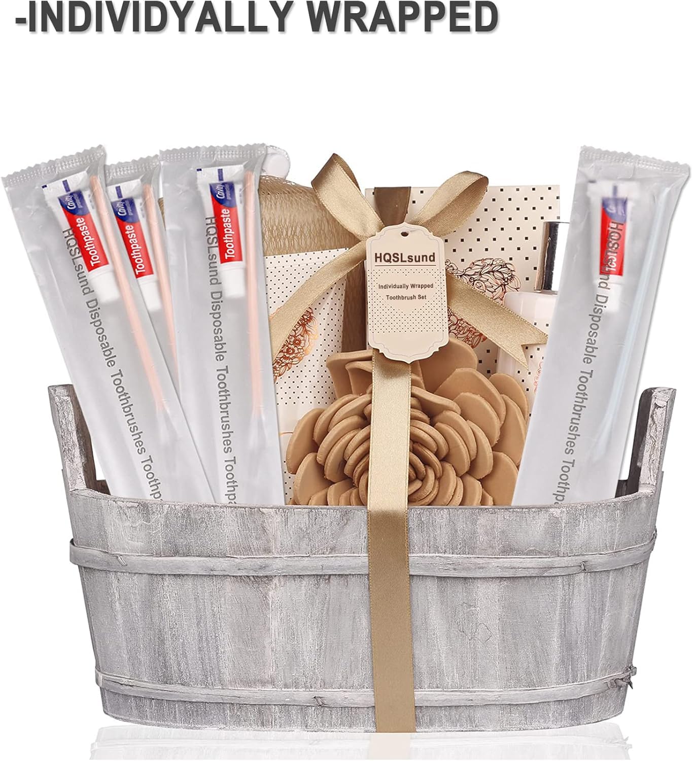 Guest room supply: hotel bathroom toiletries and toothbrushes