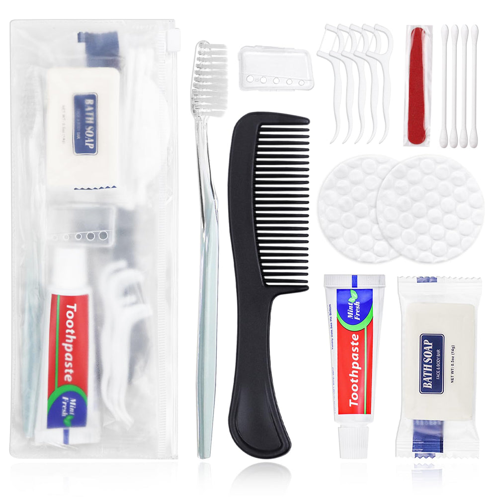 Multiple 5-set hygiene kits packed for travel or homeless support